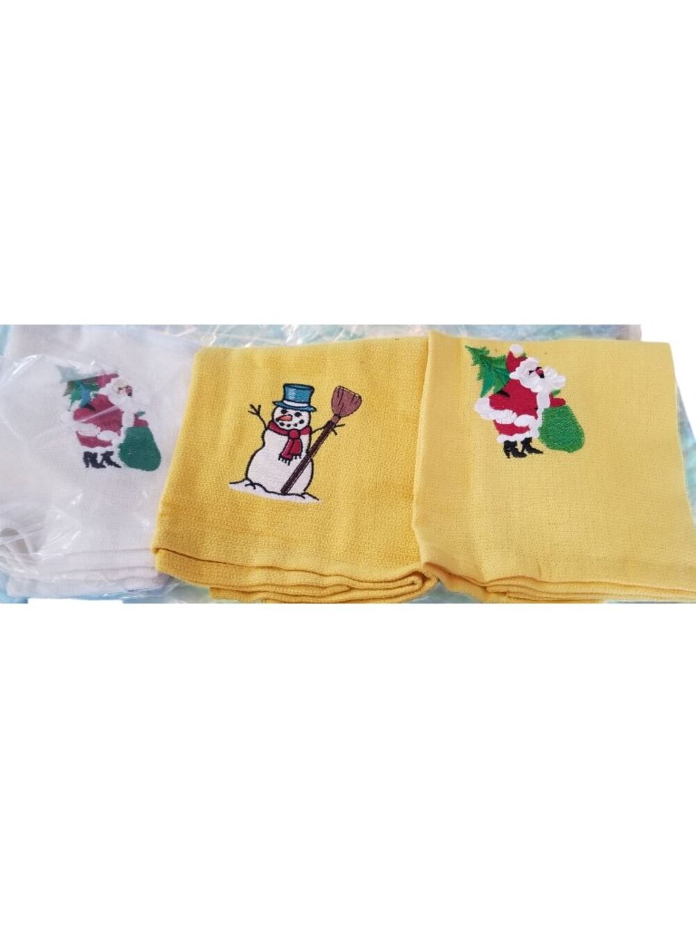 Kitchen Towel Embroidered 100%  Set 3 Cotton 2 Yellow 1 White  Holiday Santa Sno